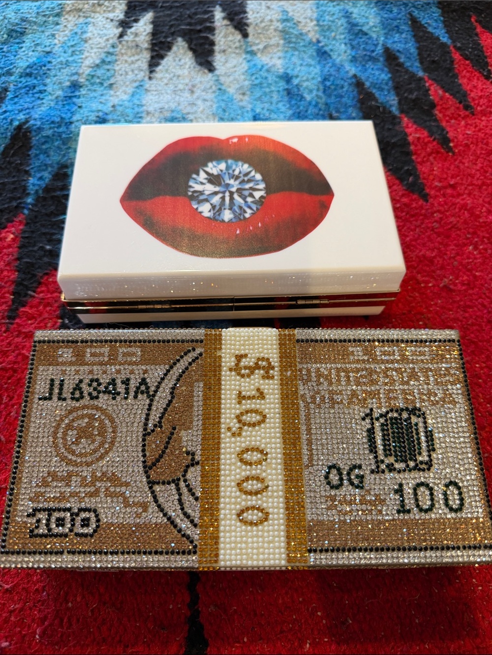 2 Pack: Embellished 100 Dollar Bill Crystal Clutch & Red Lip Diamond Box Clutch